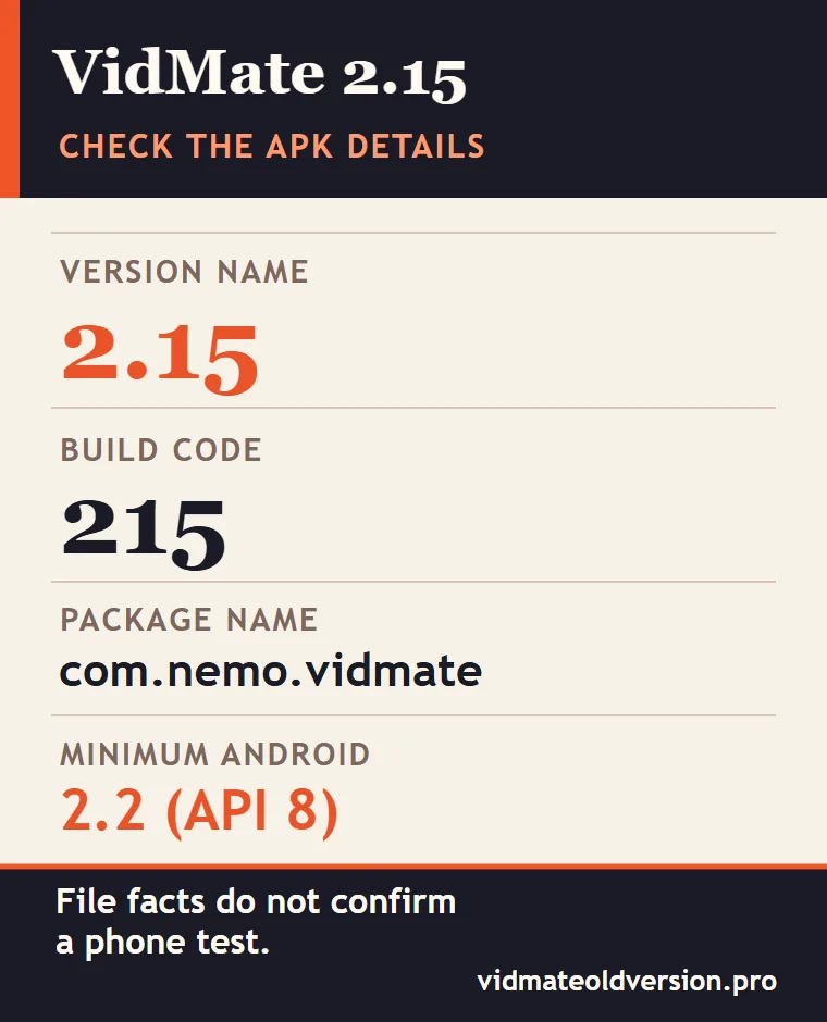 VidMate Old Version 2.15 APK Download: Build 215 Facts 1 VidMate 2.15 file identity showing build 215, package name and minimum API 8