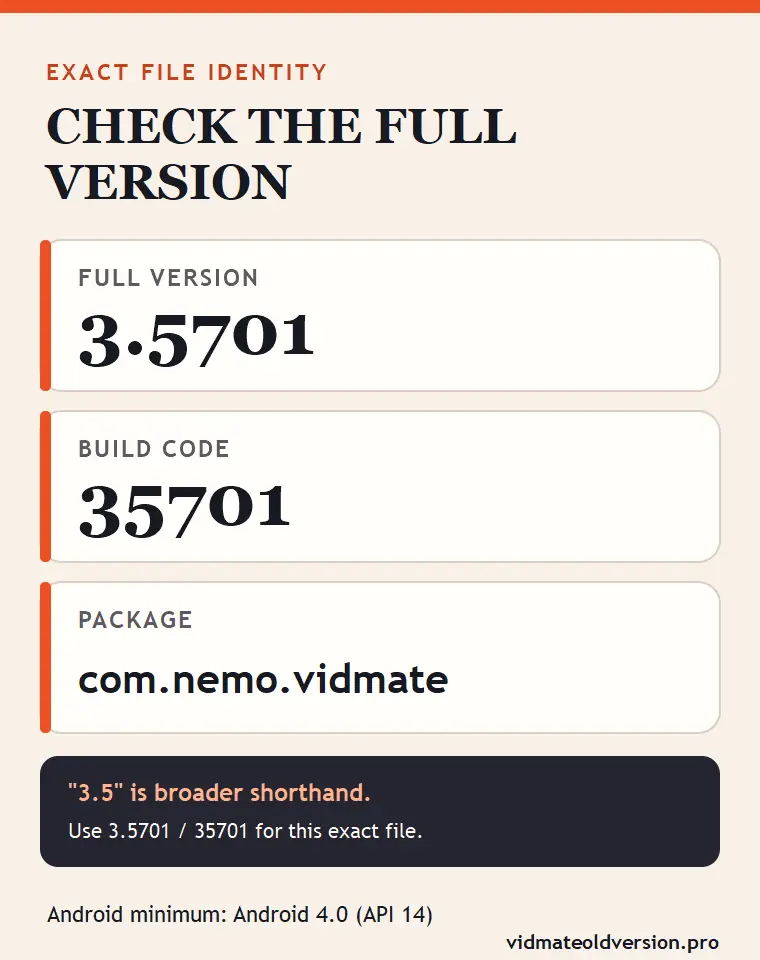 VidMate 3.5701 file check showing full version 3.5701, build code 35701 and package com.nemo.vidmate
